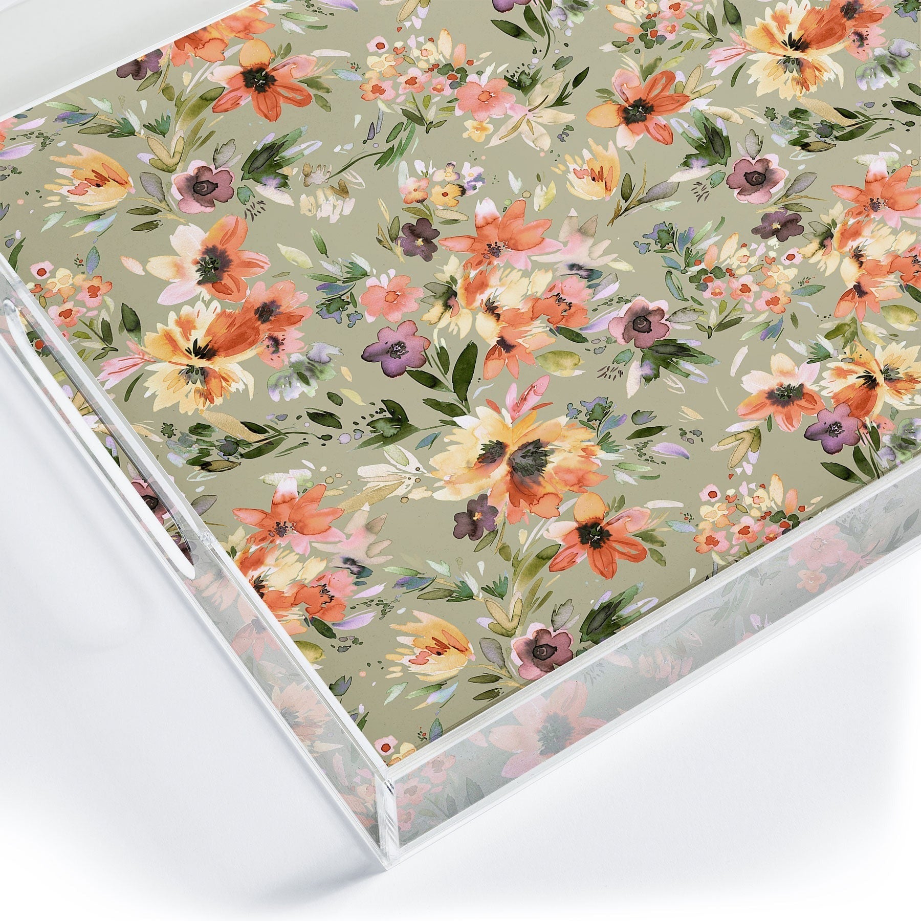 Ninola Design Botanic Retreat Painterly Tropical Flowers Sage Green Acrylic Tray