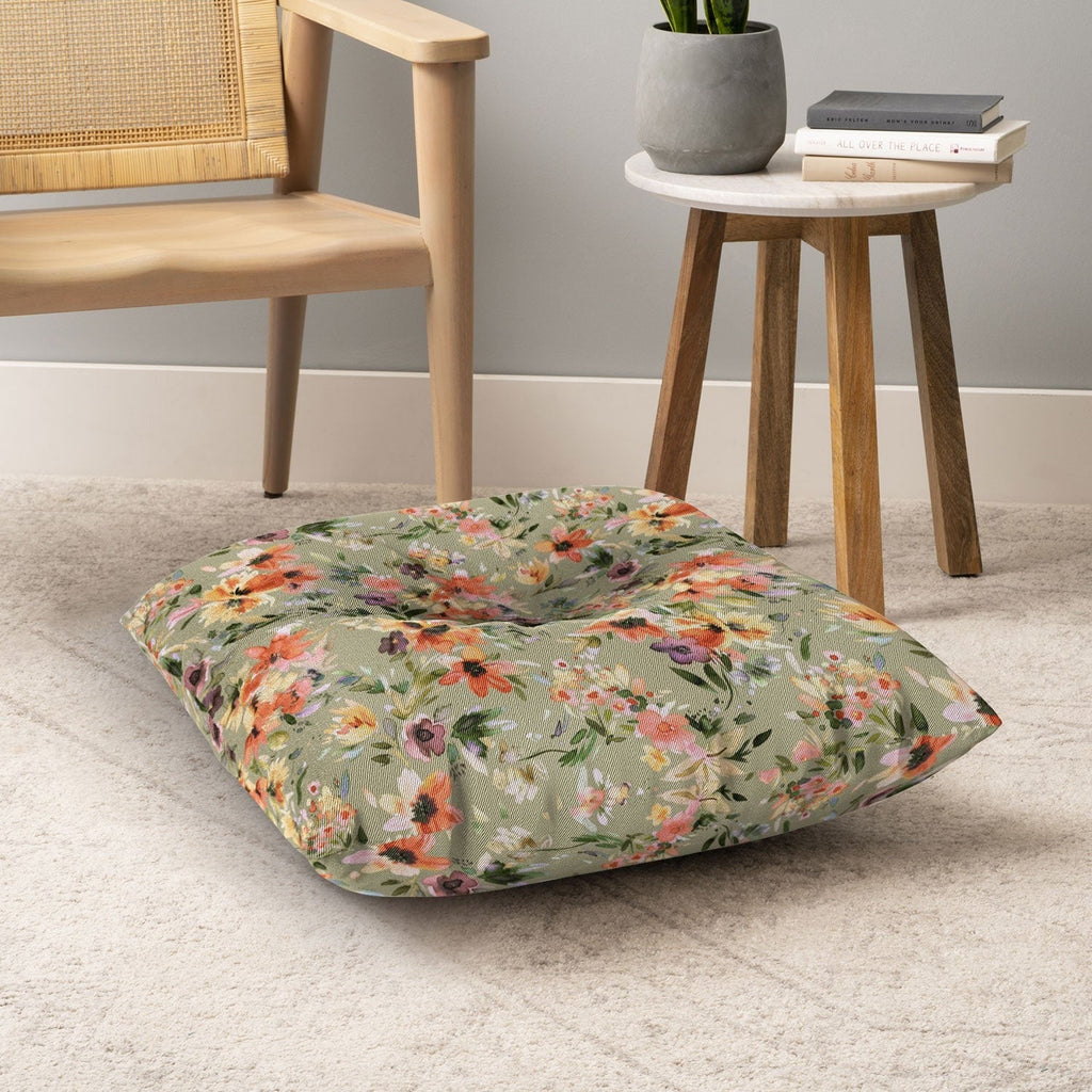 Ninola Design Botanic Retreat Painterly Tropical Flowers Sage Green Floor Pillow Square