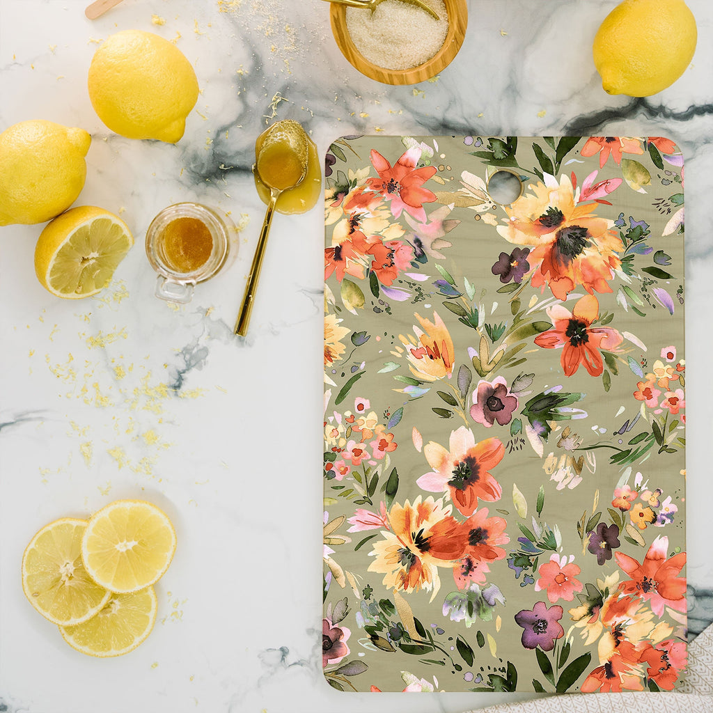 Ninola Design Botanic Retreat Painterly Tropical Flowers Sage Green Cutting Board Rectangle