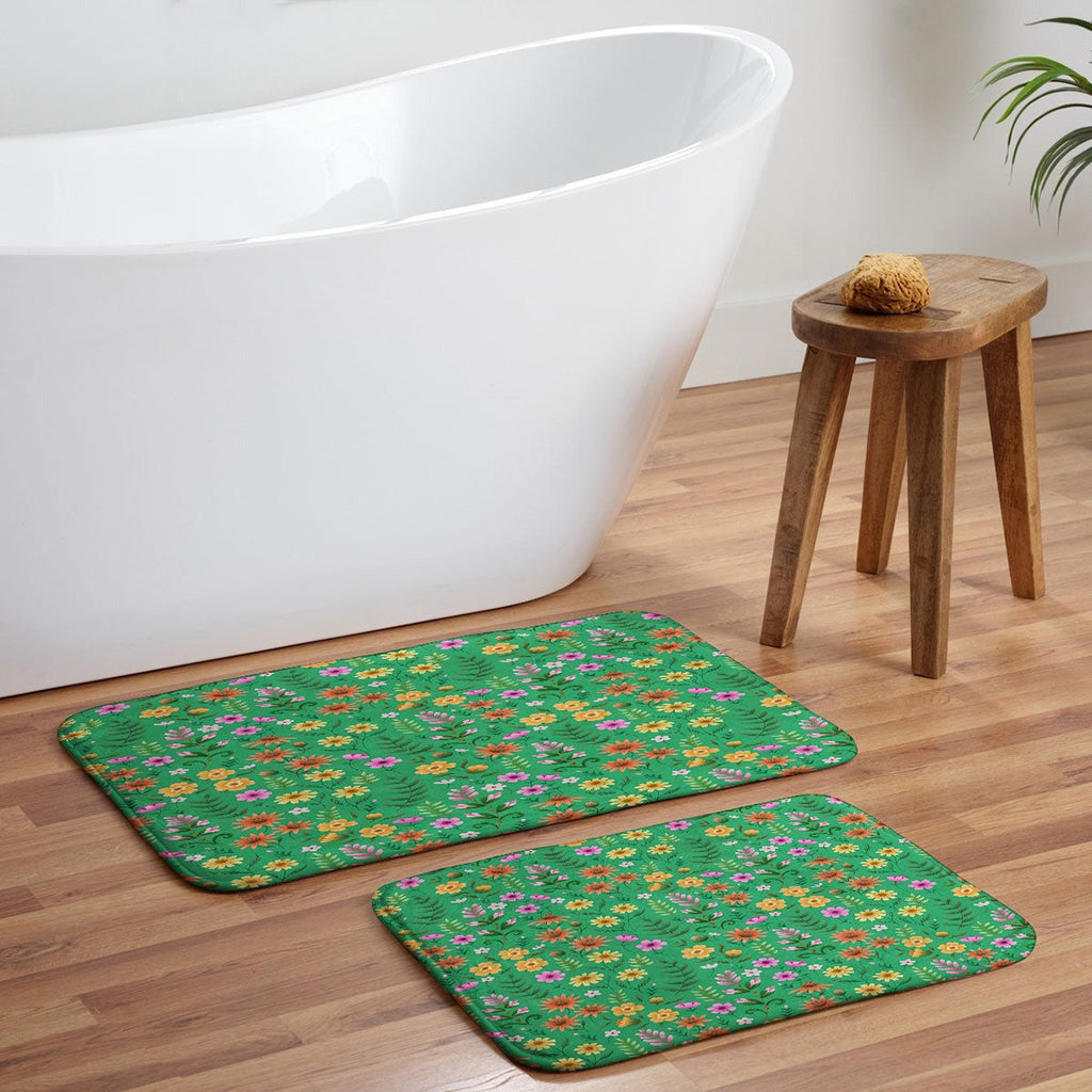 Pimlada Phuapradit Ditsy Spring Floral Green Memory Foam Bath Mat