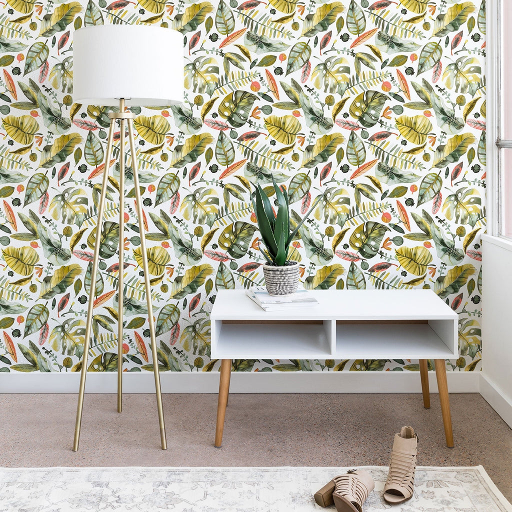Ninola Design Botanic Retreat Tropical Jungle Leaves Botanical Green Orange Wallpaper