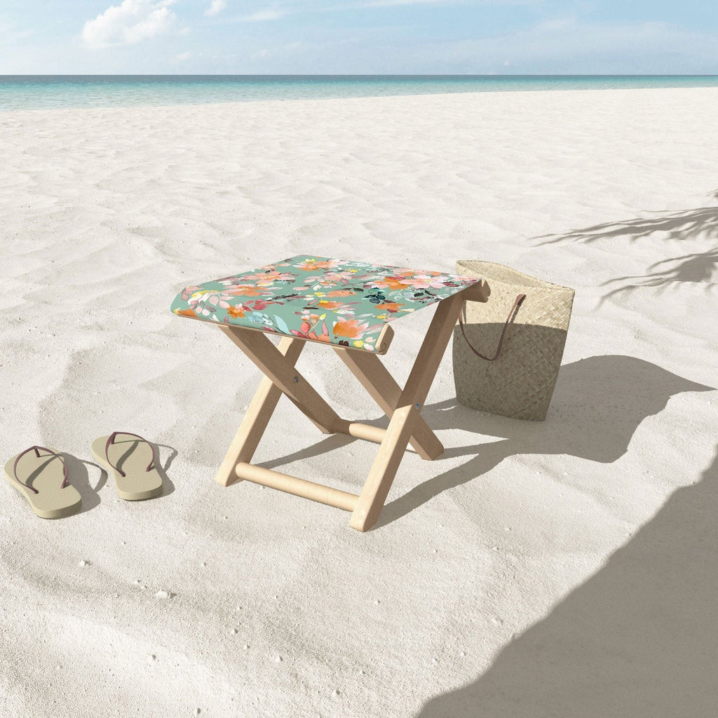 Ninola Design Botanic Retreat Floral Oleander Whimsical Teal Green Folding Stool