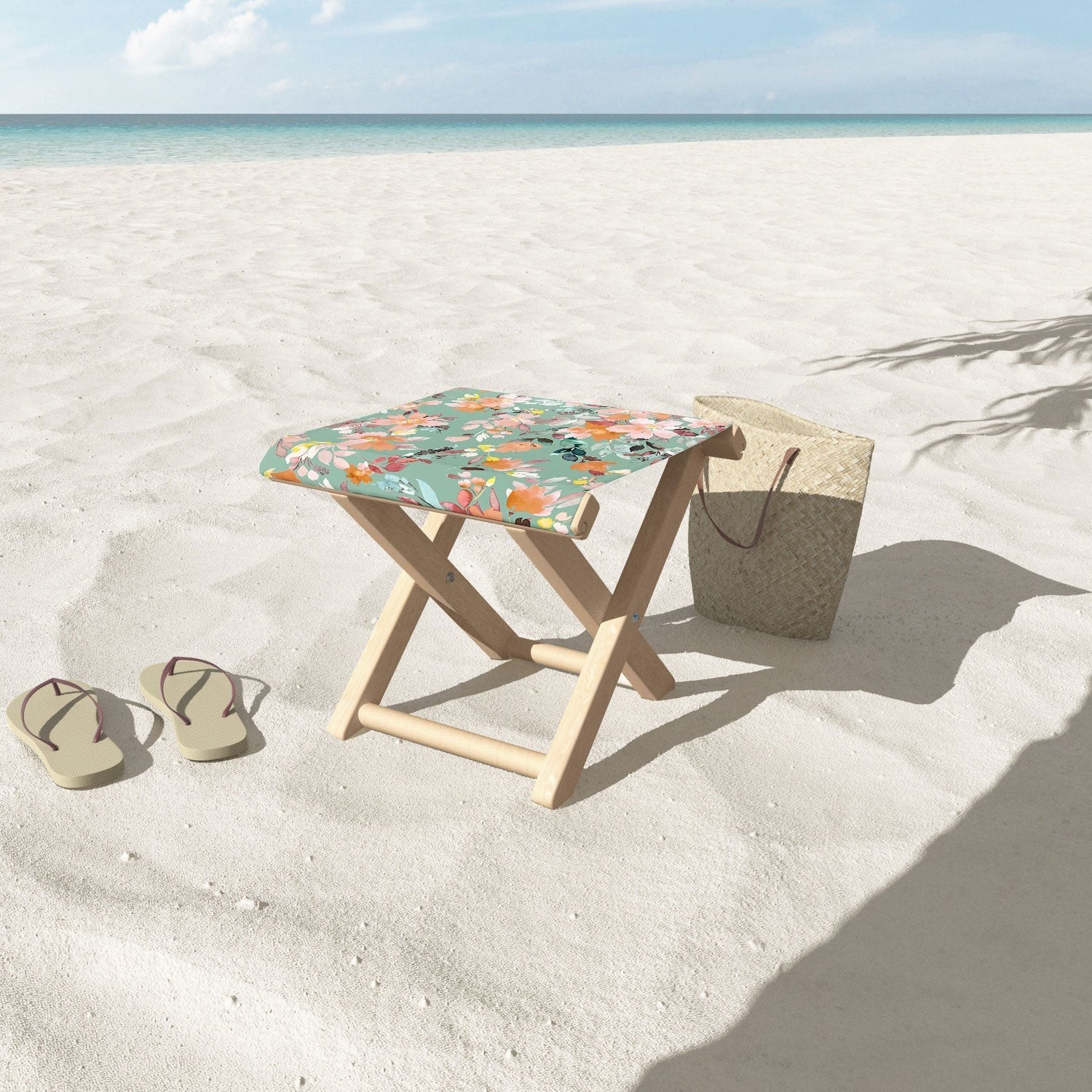 Ninola Design Botanic Retreat Floral Oleander Whimsical Teal Green Folding Stool