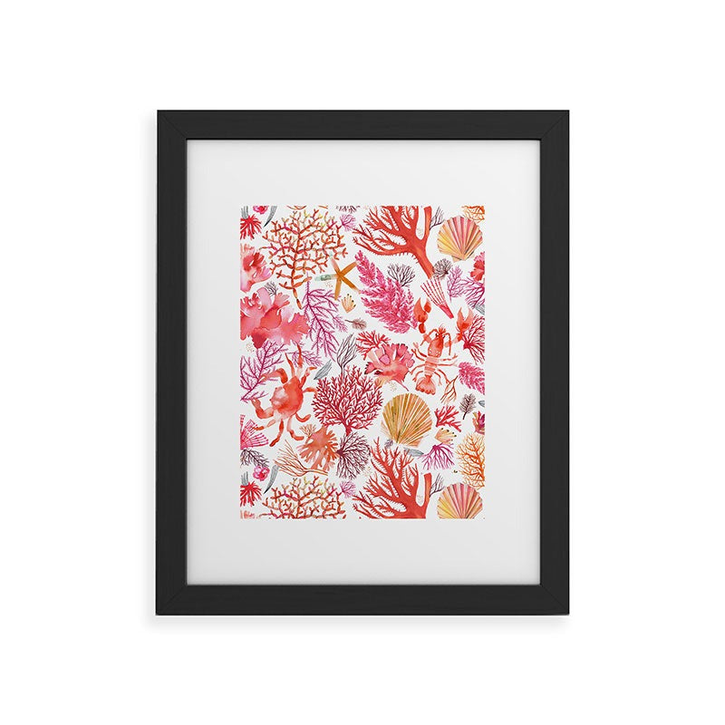 Ninola Design Botanic Retreat Coral Reef Crab Lobster Red Framed Art Print
