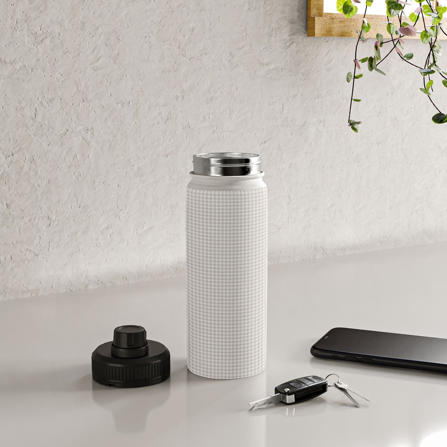Colour Poems Gingham Plaid Pattern Cloud White Water Bottle