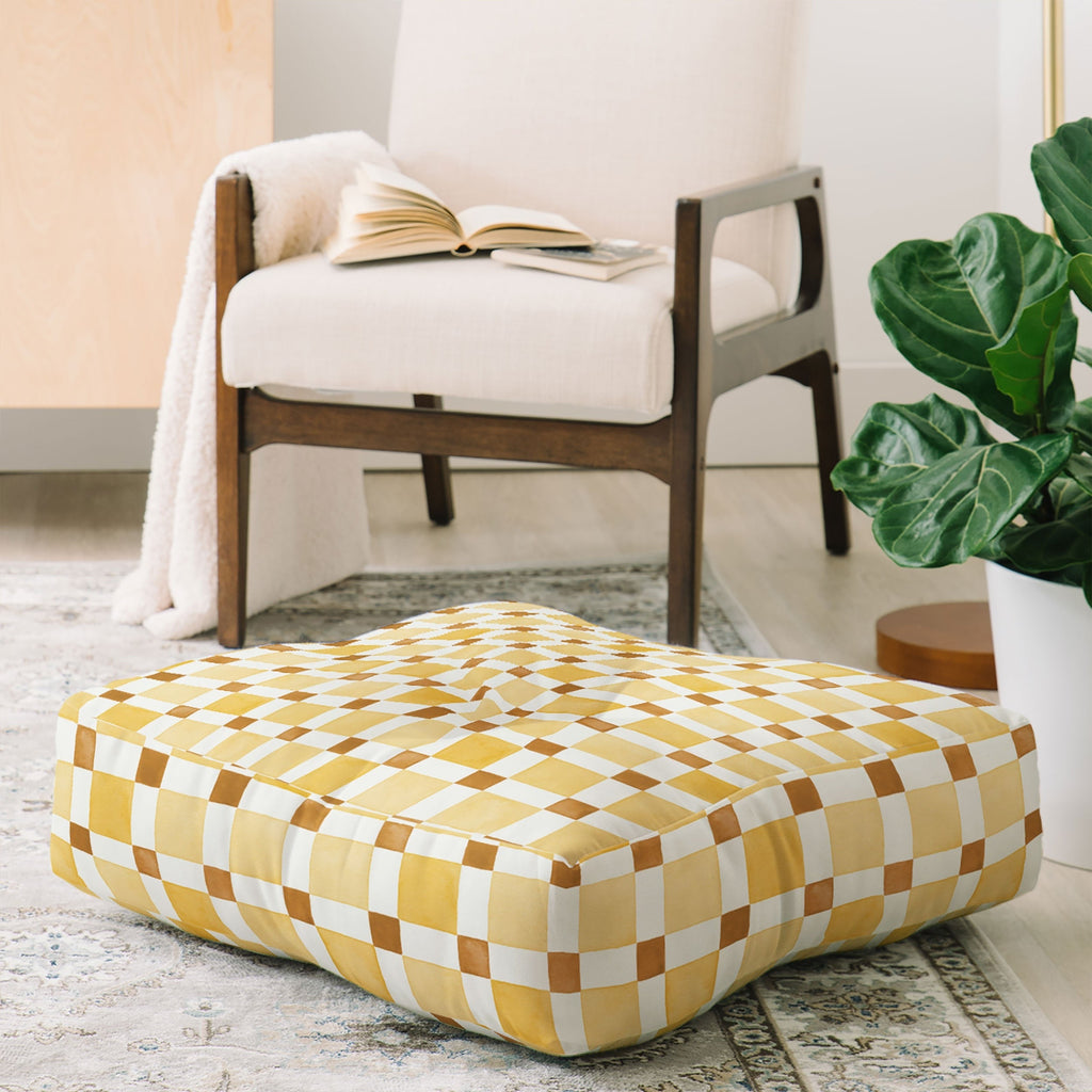 Ninola Design Everyday Artifact Checker Mosaic Tiles Geometry Yellow Floor Pillow Square