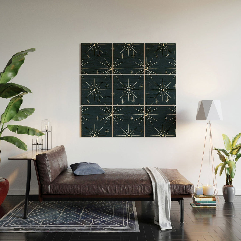 Little Om Pattern Little Moon navy Wood Wall Mural