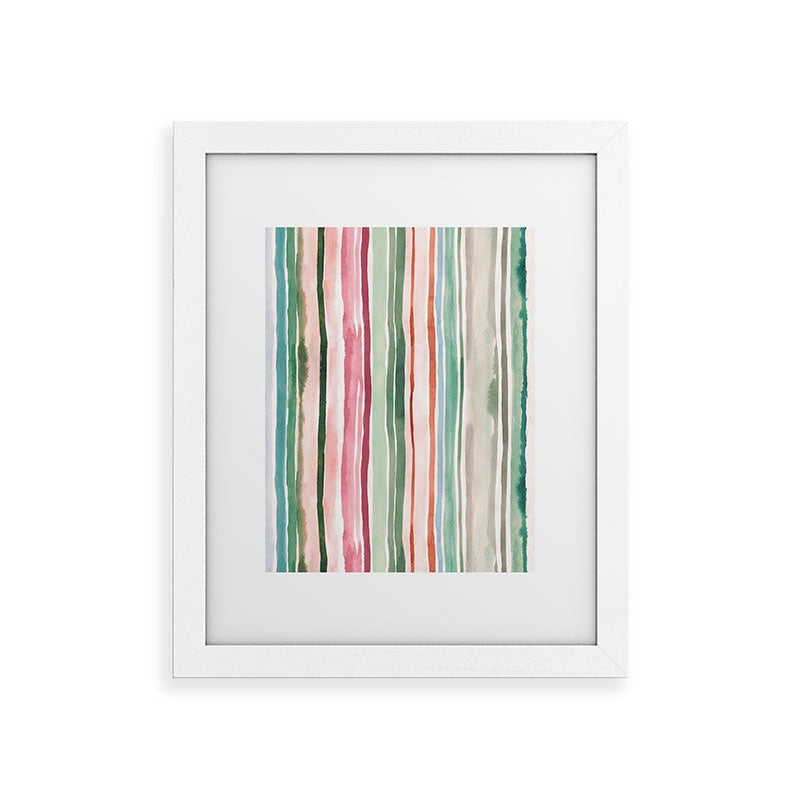 Ninola Design Botanic Retreat Watercolor Stripes Green Orange Red Framed Art Print