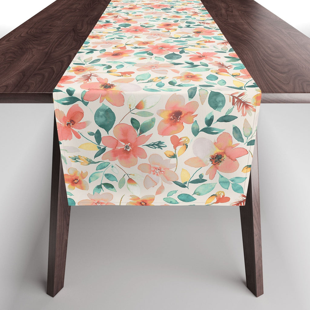 Ninola Design Botanic Retreat Tropical Whimsical Flowers Coral Green Table Runner