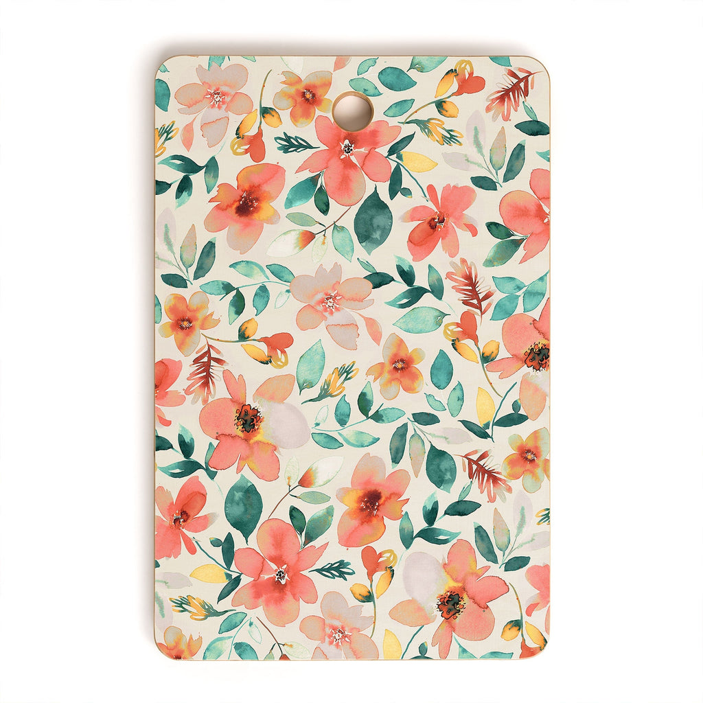 Ninola Design Botanic Retreat Tropical Whimsical Flowers Coral Green Cutting Board Rectangle