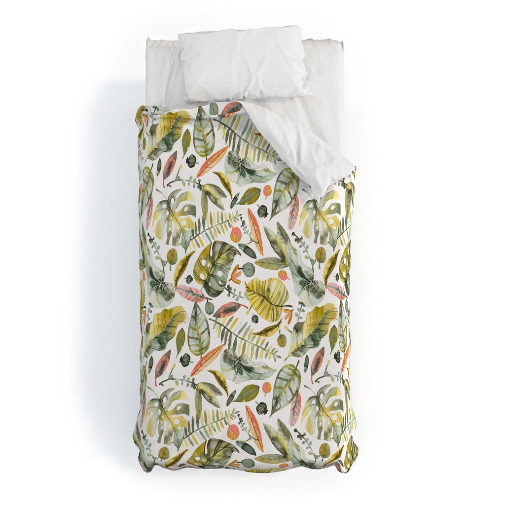 Ninola Design Botanic Retreat Tropical Jungle Leaves Botanical Green Orange Duvet Cover