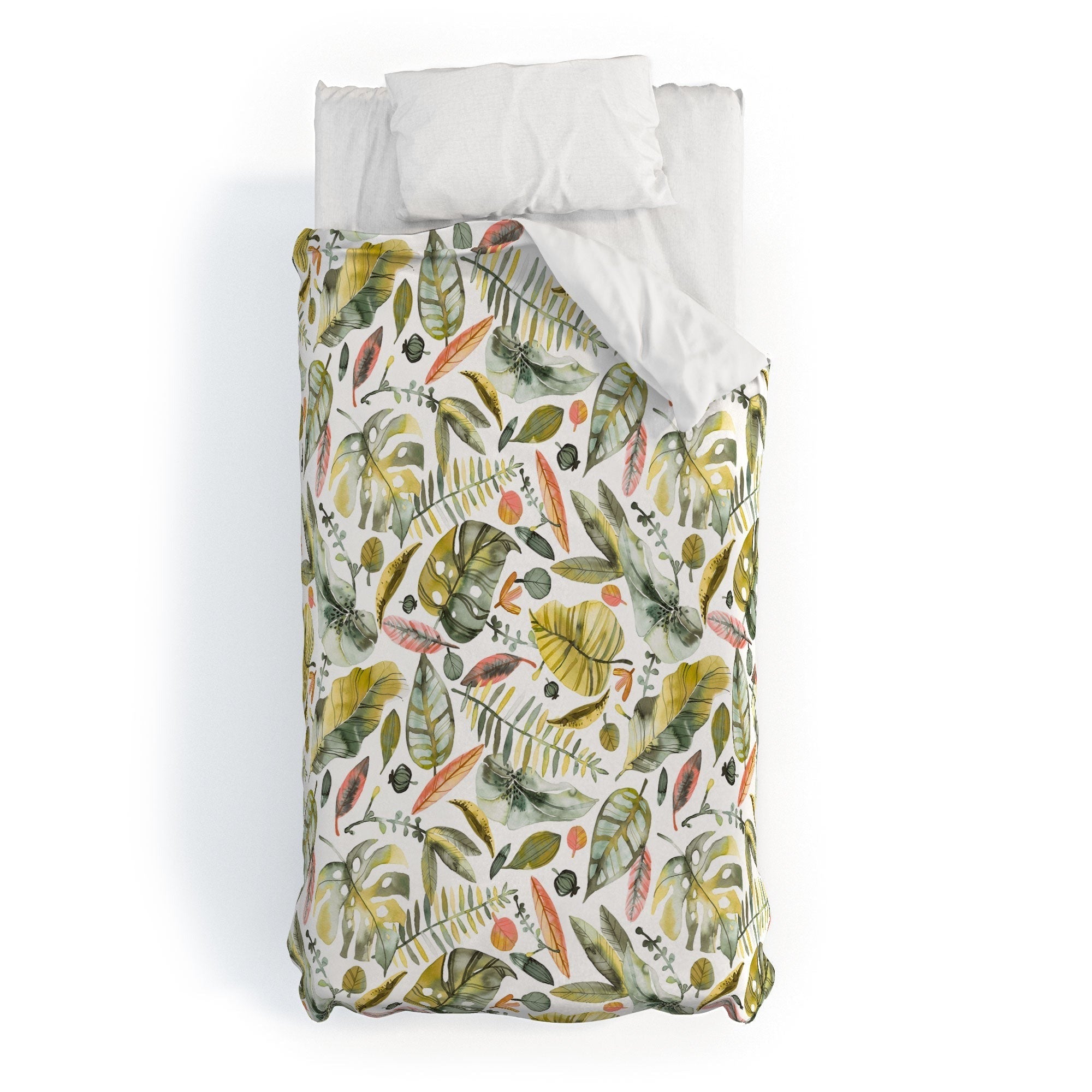 Ninola Design Botanic Retreat Tropical Jungle Leaves Botanical Green Orange Duvet Cover