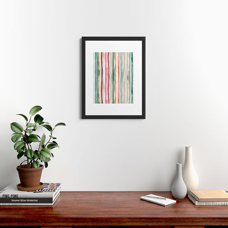 Ninola Design Botanic Retreat Watercolor Stripes Green Orange Red Framed Art Print