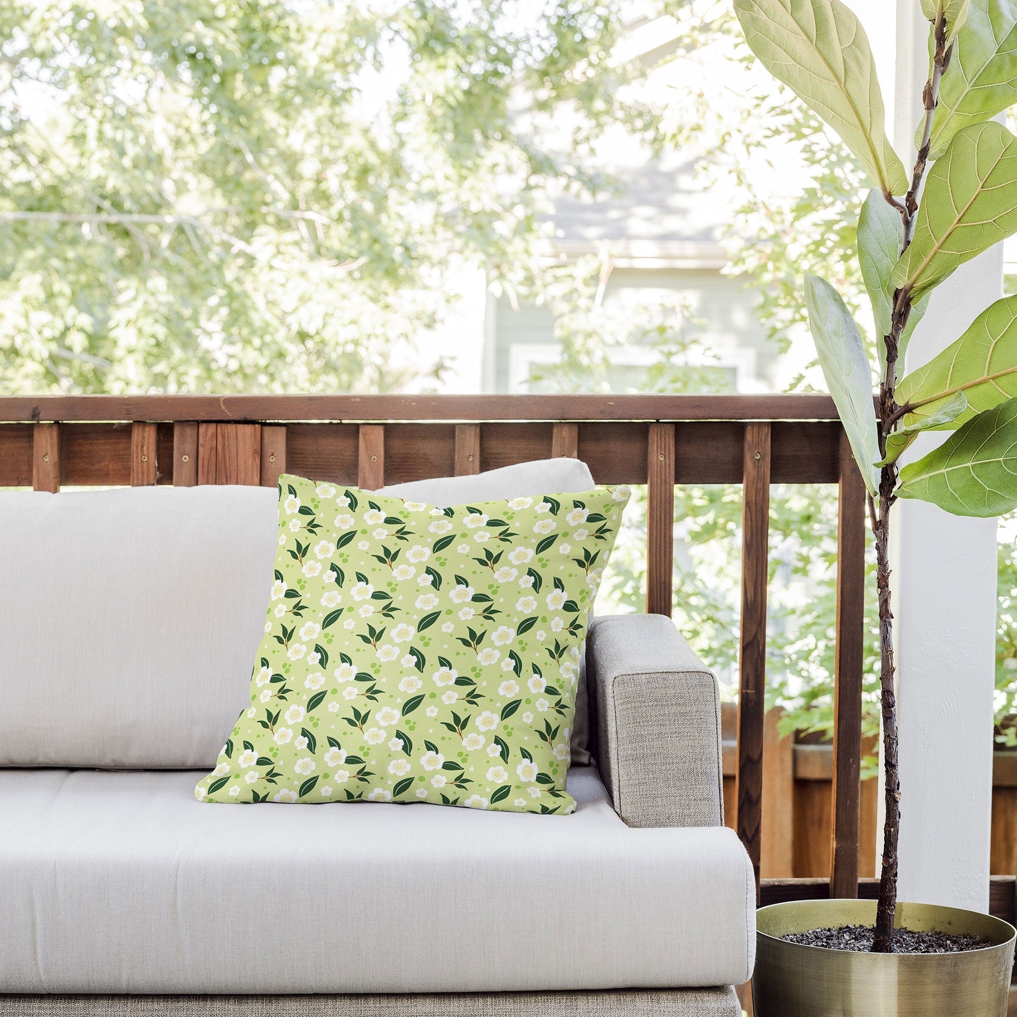 Design by Spark Matcha Tea Florals Outdoor Throw Pillow