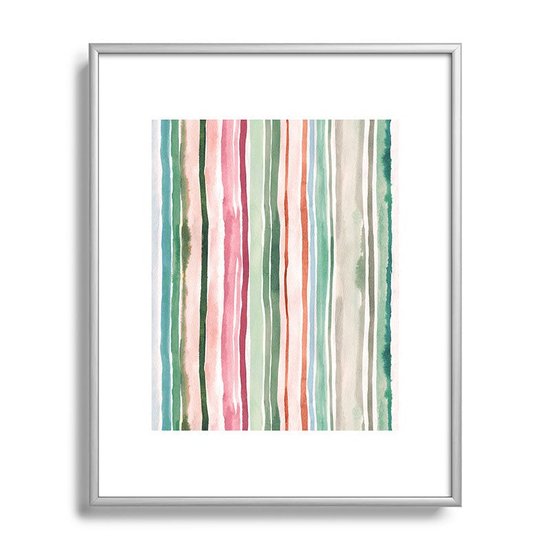 Ninola Design Botanic Retreat Watercolor Stripes Green Orange Red Metal Framed Art Print