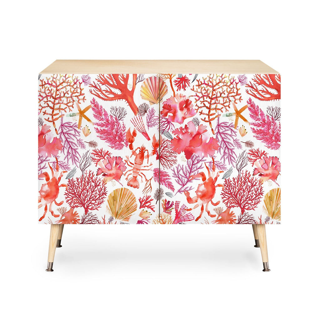 Ninola Design Botanic Retreat Coral Reef Crab Lobster Red Credenza