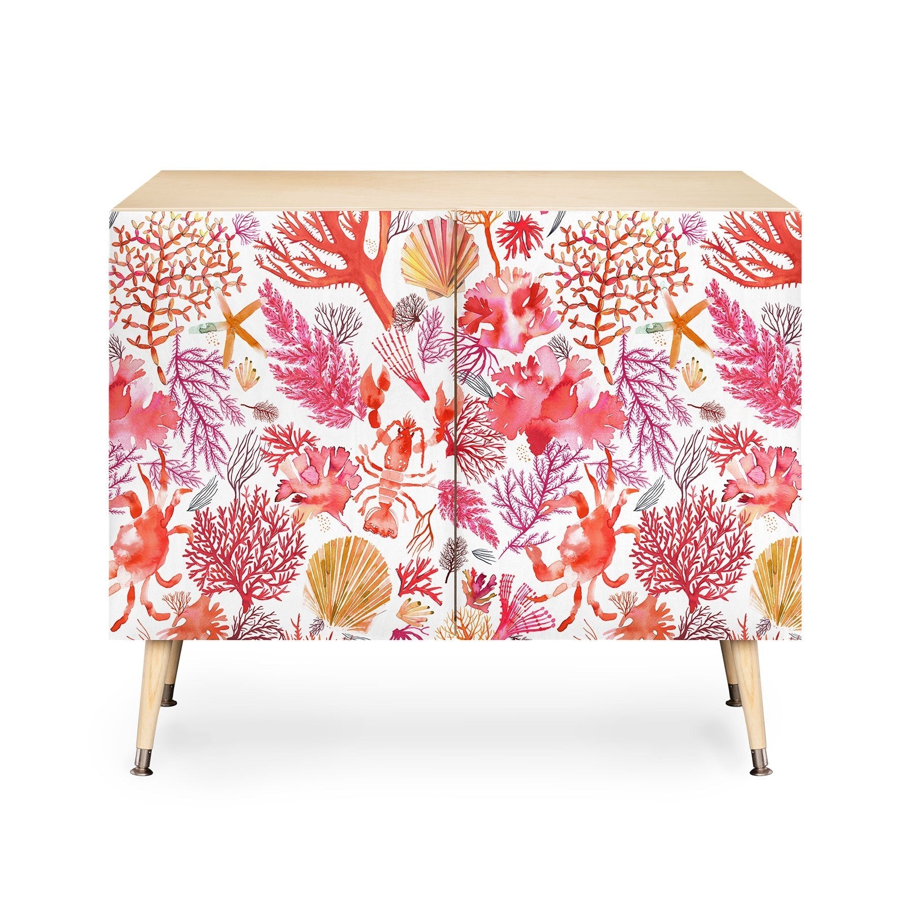 Ninola Design Botanic Retreat Coral Reef Crab Lobster Red Credenza