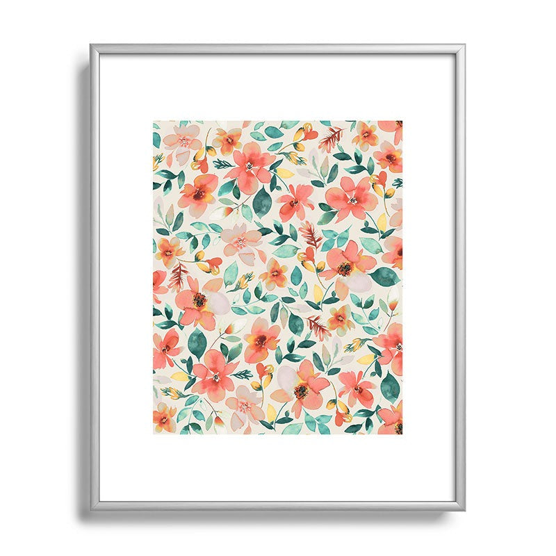 Ninola Design Botanic Retreat Tropical Whimsical Flowers Coral Green Metal Framed Art Print