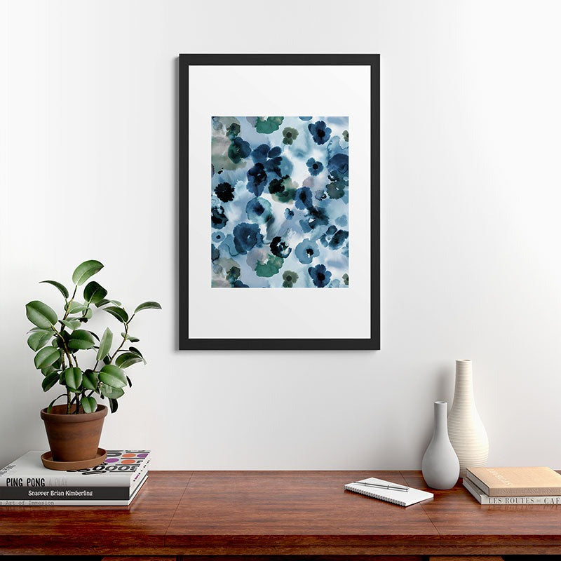 Ninola Design Botanic Retreat Ombre Abstract Watercolor Flowers Blue Navy Framed Art Print