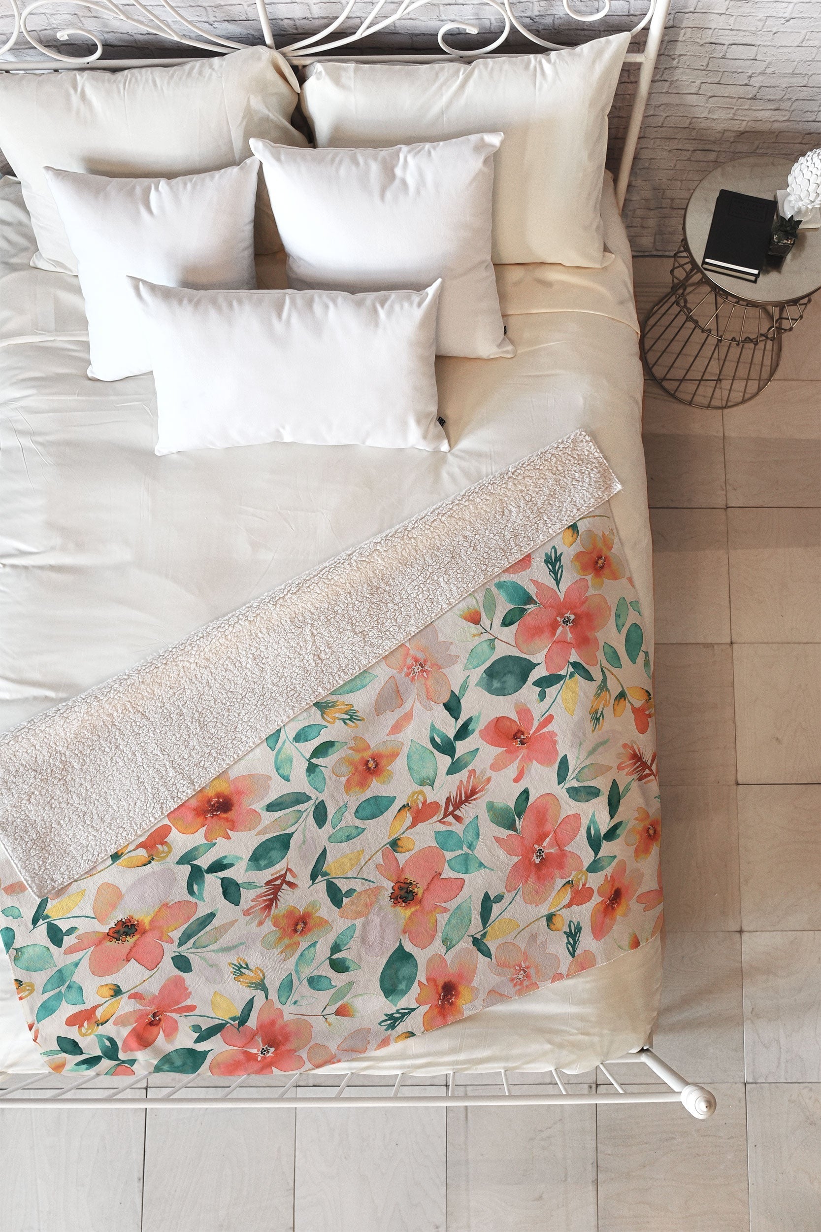 Ninola Design Botanic Retreat Tropical Whimsical Flowers Coral Green Fleece Throw Blanket