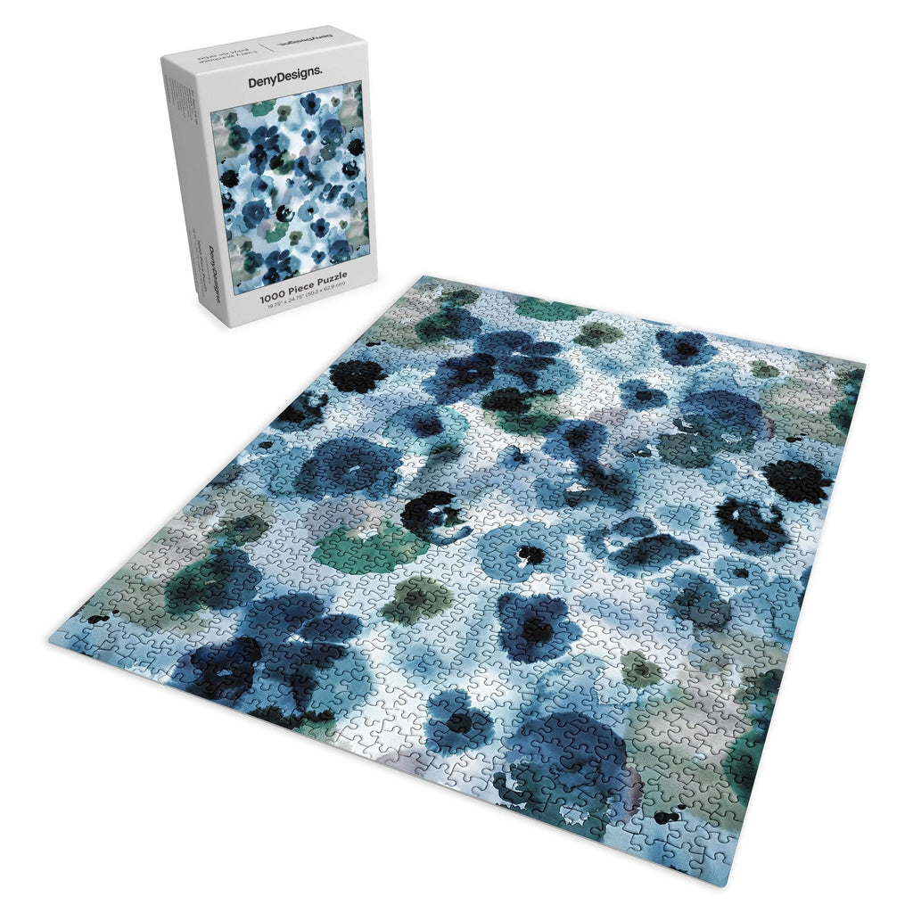 Ninola Design Botanic Retreat Ombre Abstract Watercolor Flowers Blue Navy Puzzle