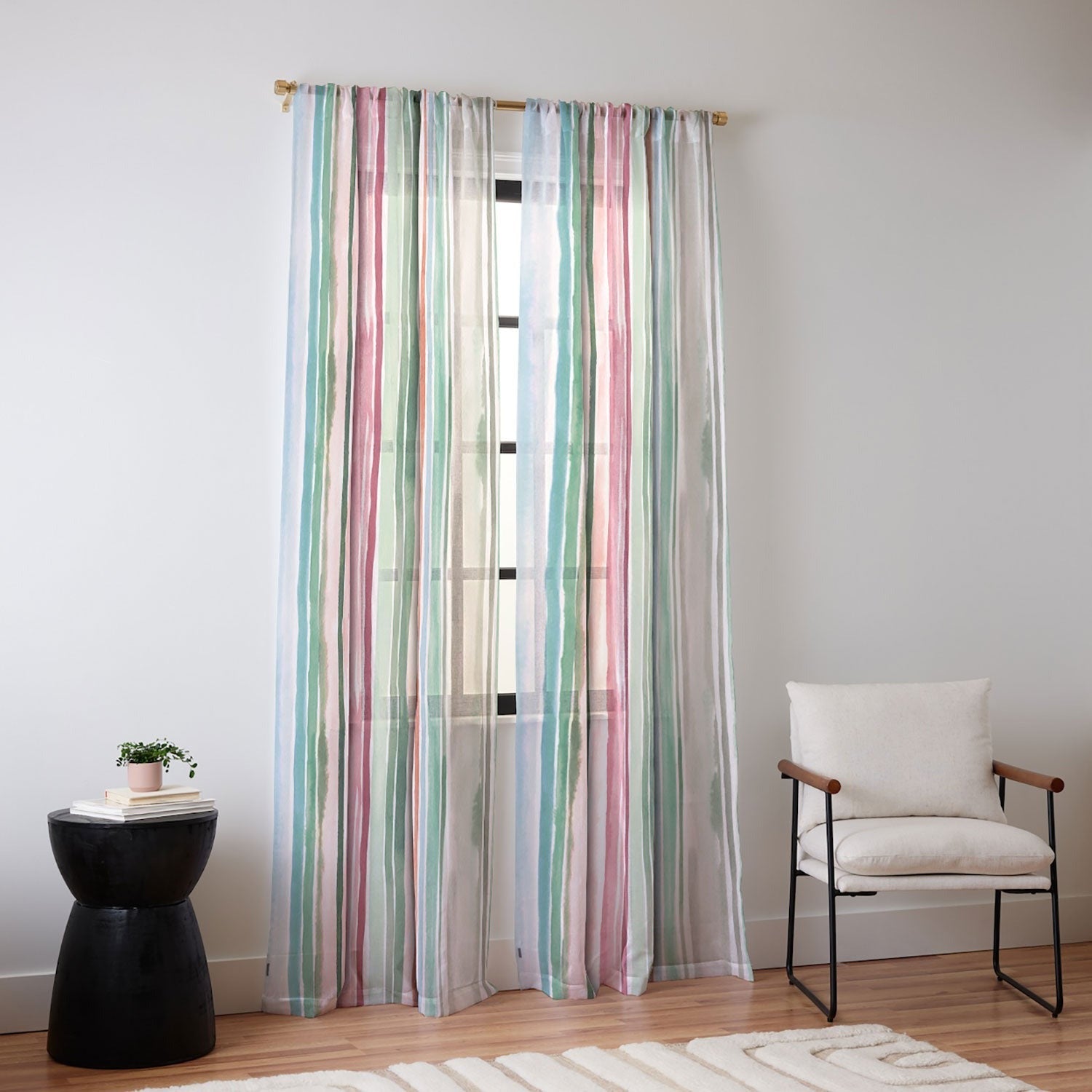 Ninola Design Botanic Retreat Watercolor Stripes Green Orange Red Sheer Non Repeat