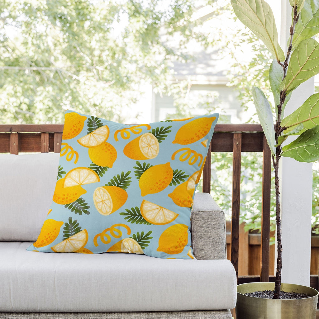 Jessica Molina Lemon Pattern on Sky Blue Outdoor Throw Pillow