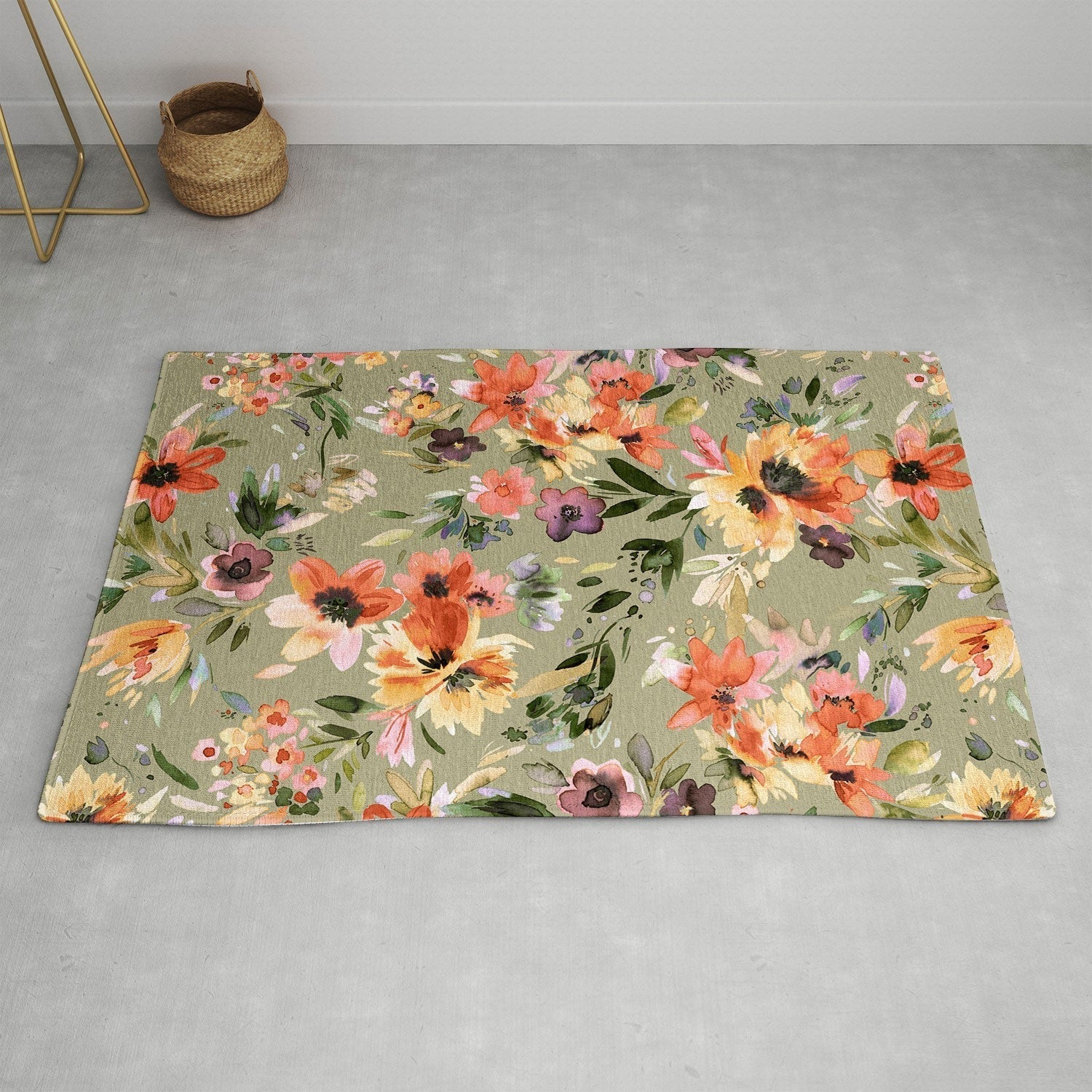 Ninola Design Botanic Retreat Painterly Tropical Flowers Sage Green Area Rug
