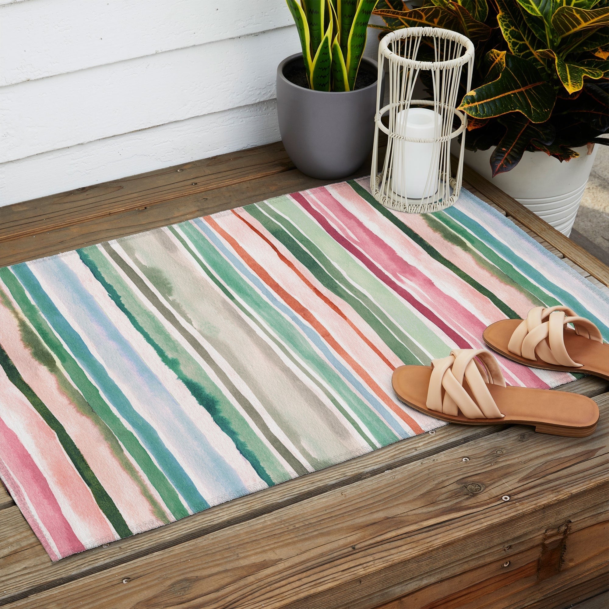 Ninola Design Botanic Retreat Watercolor Stripes Green Orange Red Outdoor Rug