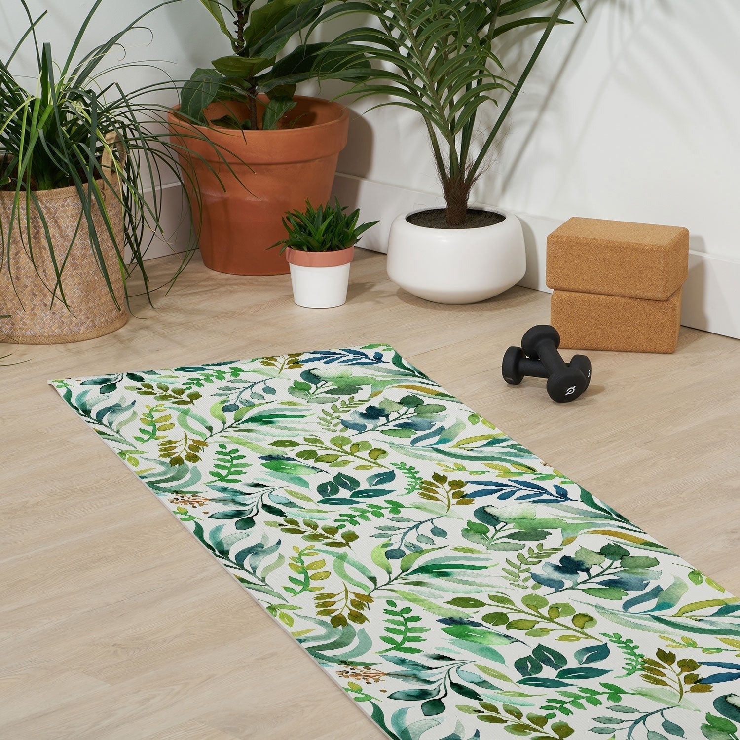 Ninola Design Botanic Retreat Loose Botanical Leaves Watercolor Green Yoga Mat