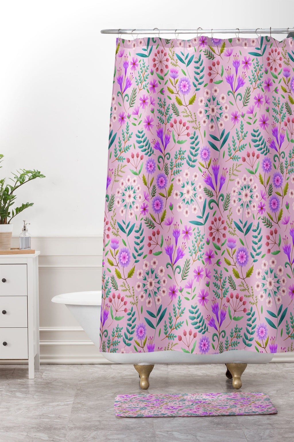 Pimlada Phuapradit Ditsy Purple Floral Half Drop Memory Foam Bath Mat