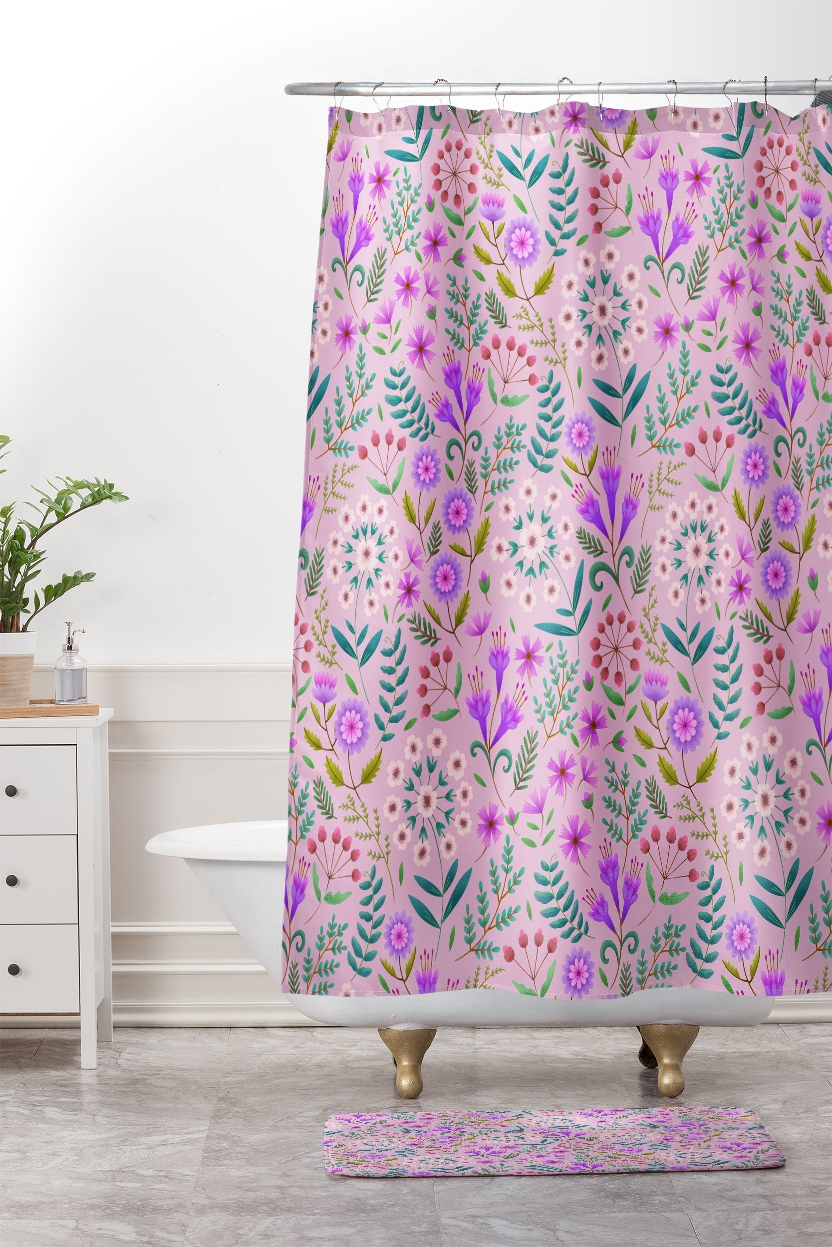 Pimlada Phuapradit Ditsy Purple Floral Half Drop Memory Foam Bath Mat