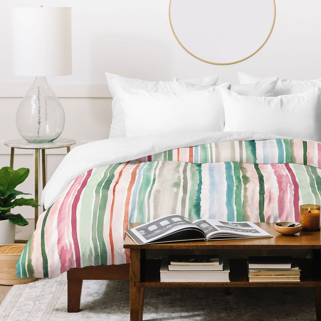 Ninola Design Botanic Retreat Watercolor Stripes Green Orange Red Duvet Cover