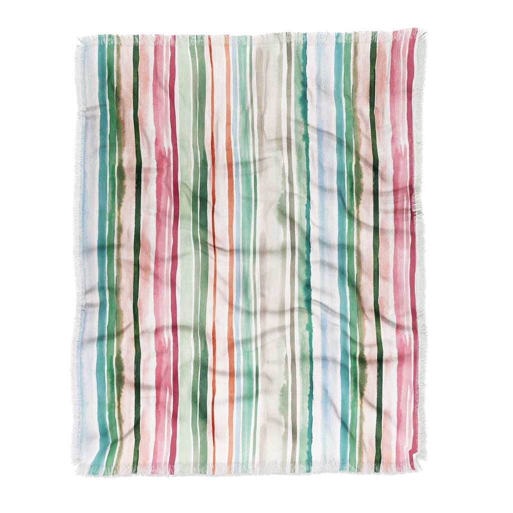 Ninola Design Botanic Retreat Watercolor Stripes Green Orange Red Throw Blanket