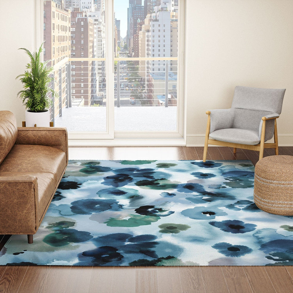 Ninola Design Botanic Retreat Ombre Abstract Watercolor Flowers Blue Navy Area Rug