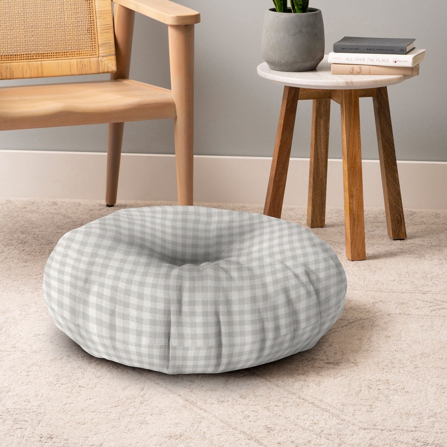 Colour Poems Gingham Plaid Pattern Cloud White Floor Pillow Round