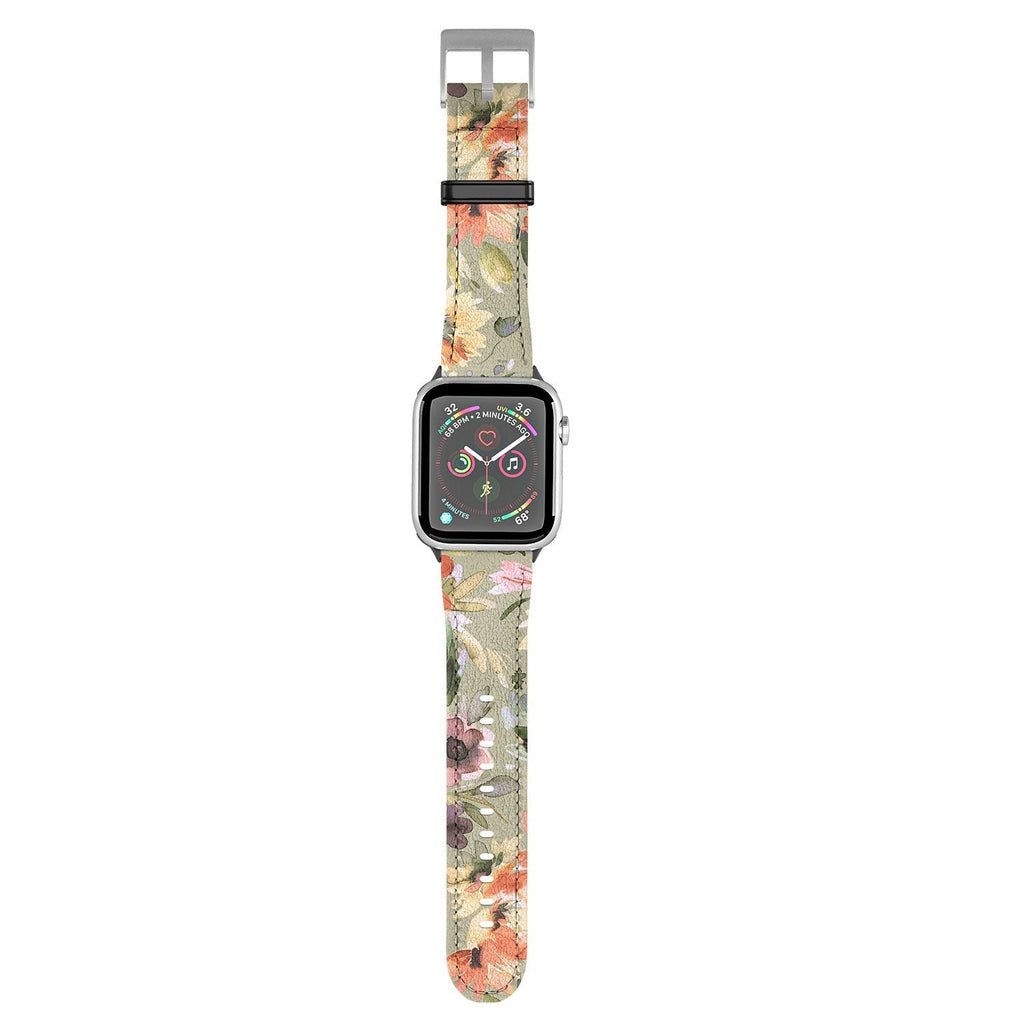 Ninola Design Botanic Retreat Painterly Tropical Flowers Sage Green Apple Watch Band