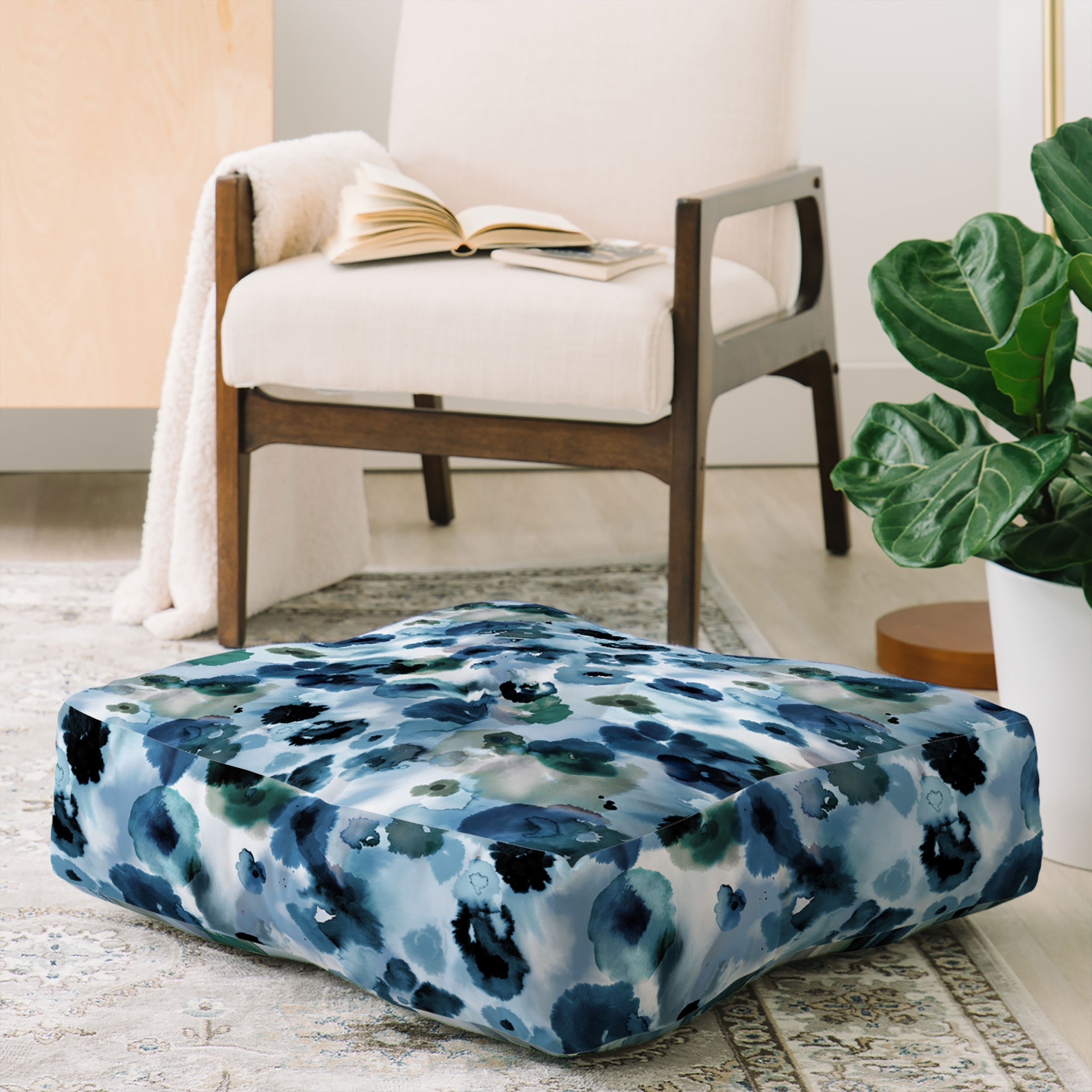 Ninola Design Botanic Retreat Ombre Abstract Watercolor Flowers Blue Navy Floor Pillow Square