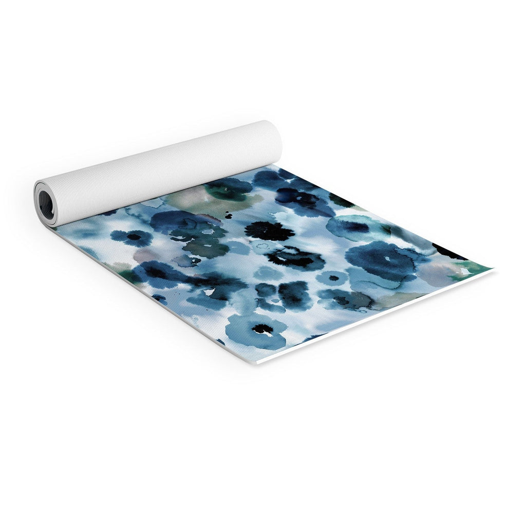 Ninola Design Botanic Retreat Ombre Abstract Watercolor Flowers Blue Navy Yoga Mat