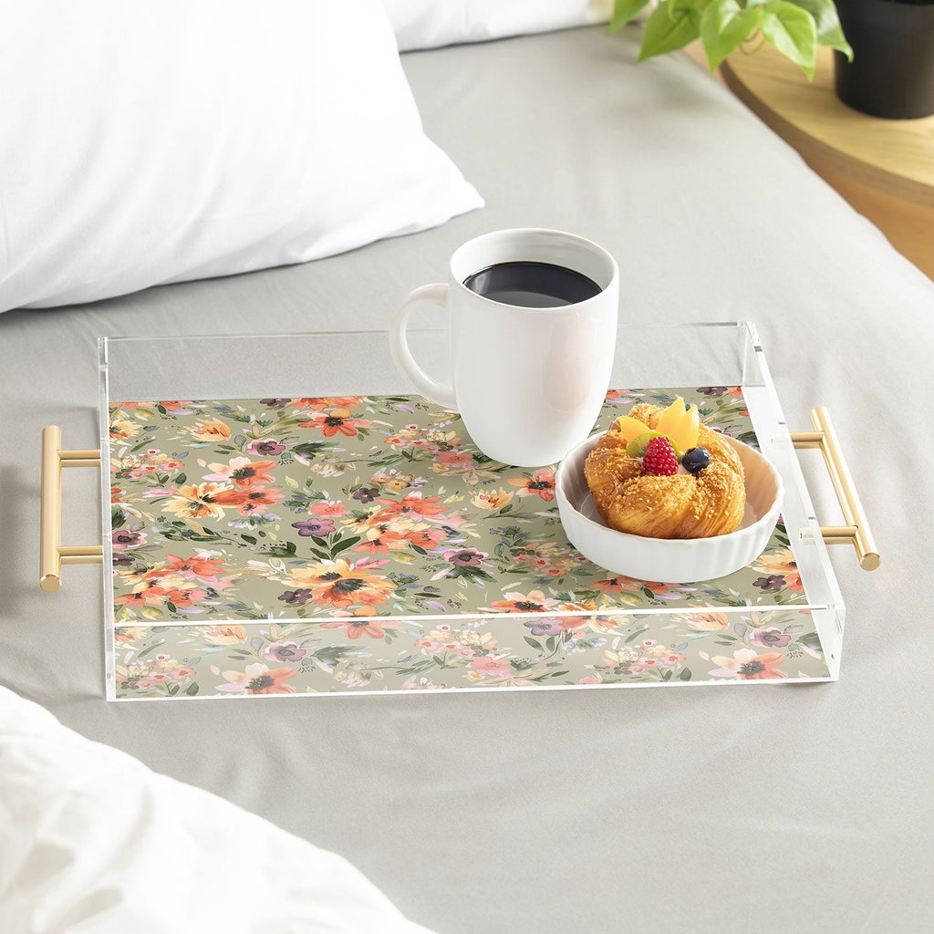 Ninola Design Botanic Retreat Painterly Tropical Flowers Sage Green Acrylic Tray