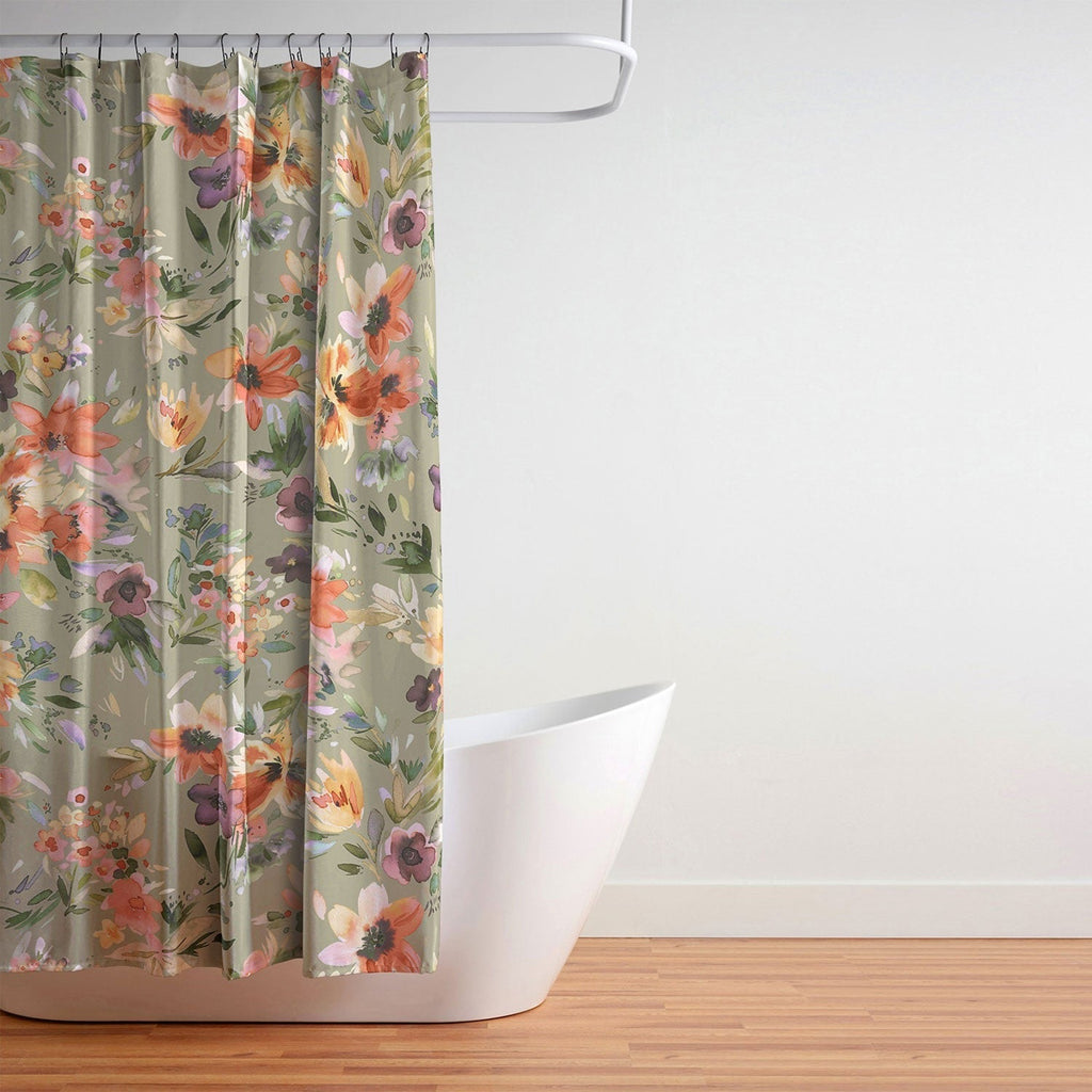 Ninola Design Botanic Retreat Painterly Tropical Flowers Sage Green Shower Curtain