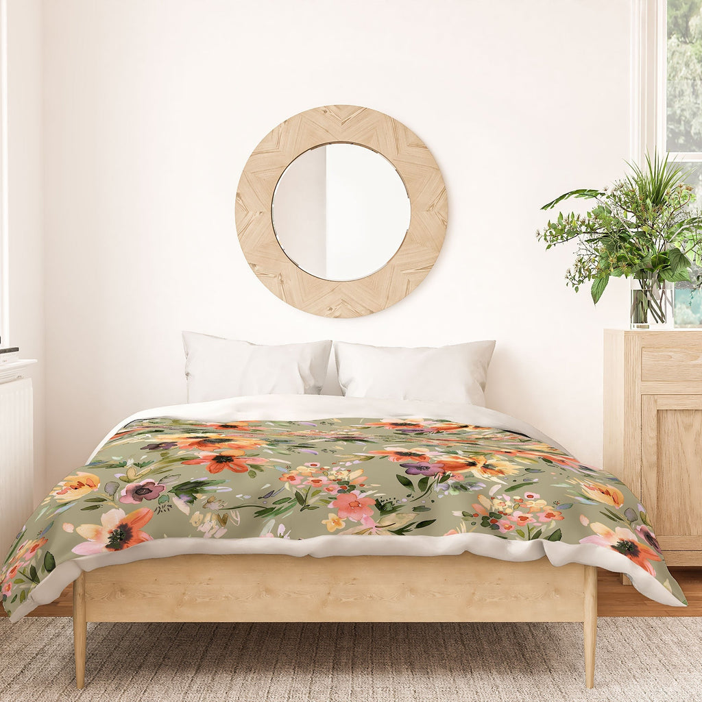 Ninola Design Botanic Retreat Painterly Tropical Flowers Sage Green Duvet Cover