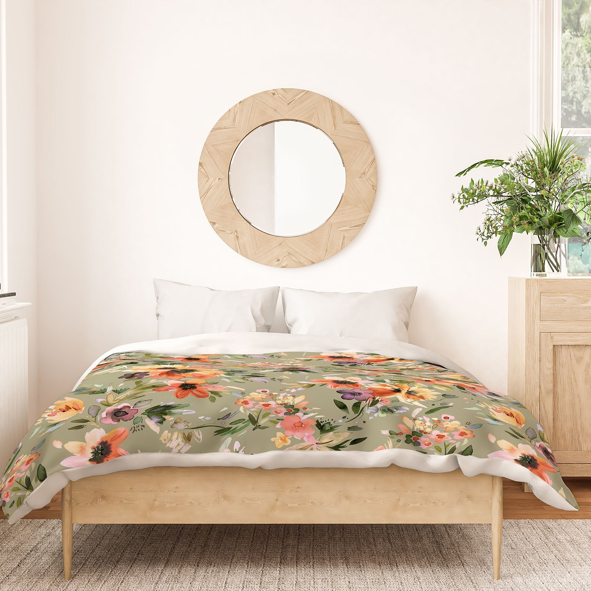 Ninola Design Botanic Retreat Painterly Tropical Flowers Sage Green Duvet Cover