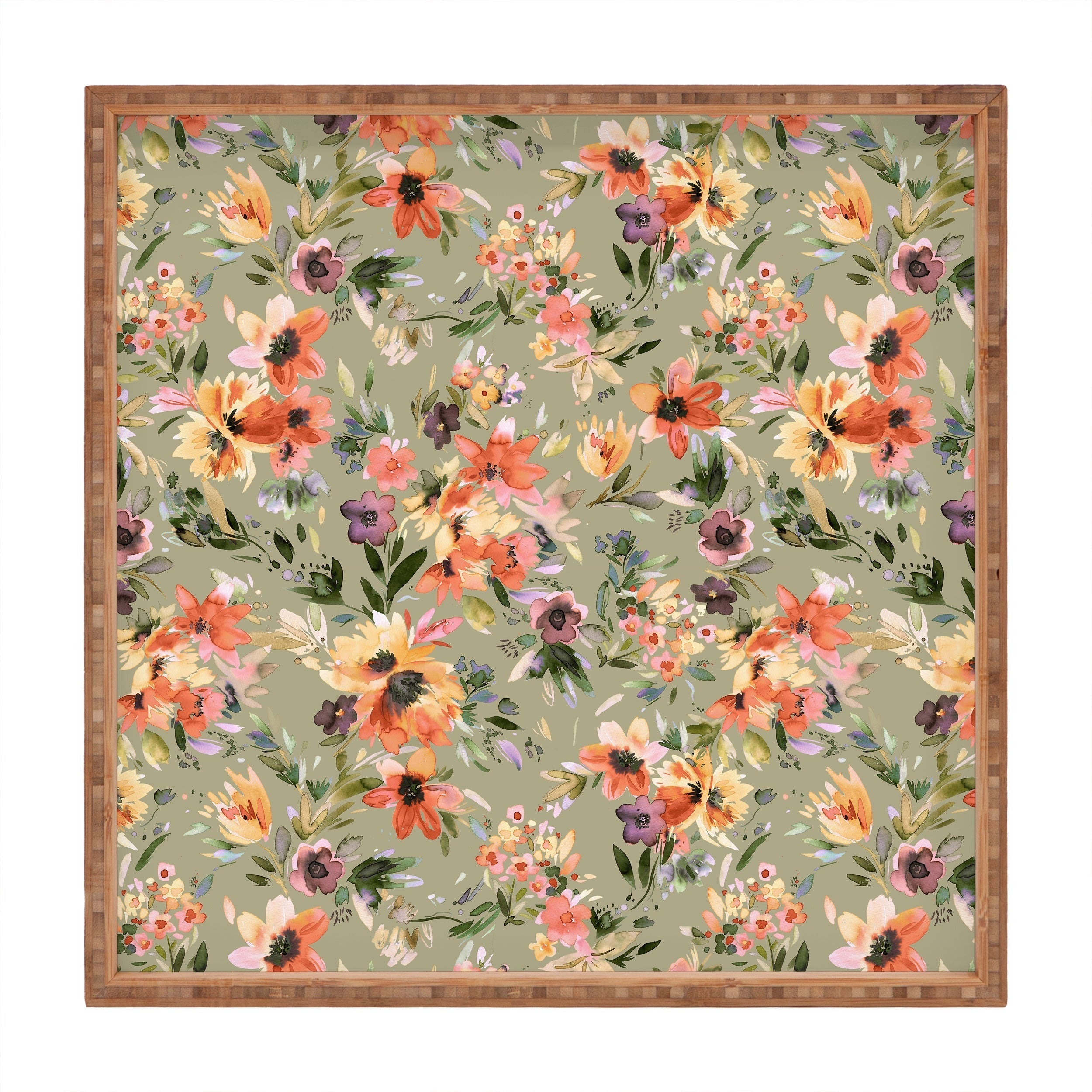 Ninola Design Botanic Retreat Painterly Tropical Flowers Sage Green Square Tray