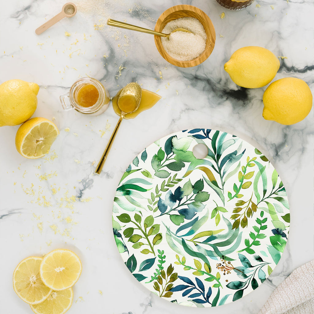 Ninola Design Botanic Retreat Loose Botanical Leaves Watercolor Green Cutting Board Round