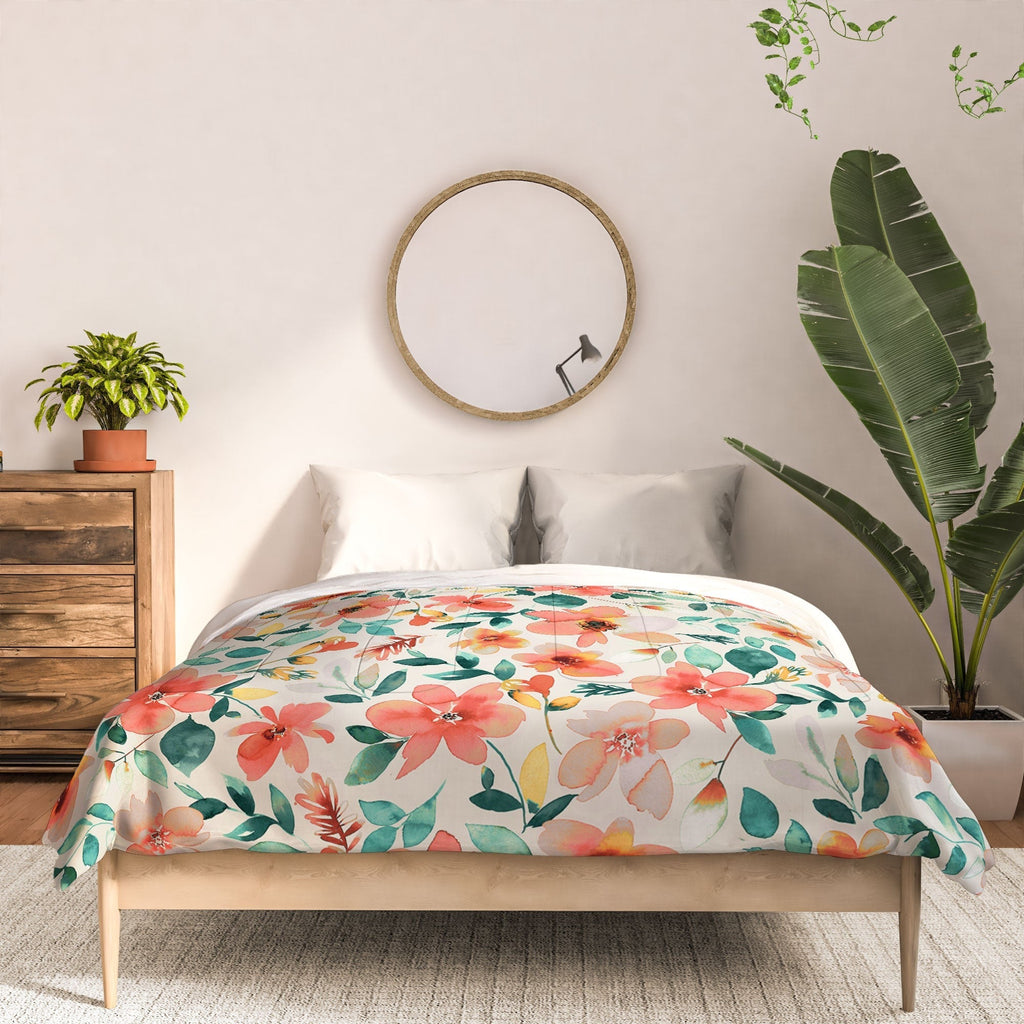 Ninola Design Botanic Retreat Tropical Whimsical Flowers Coral Green Comforter