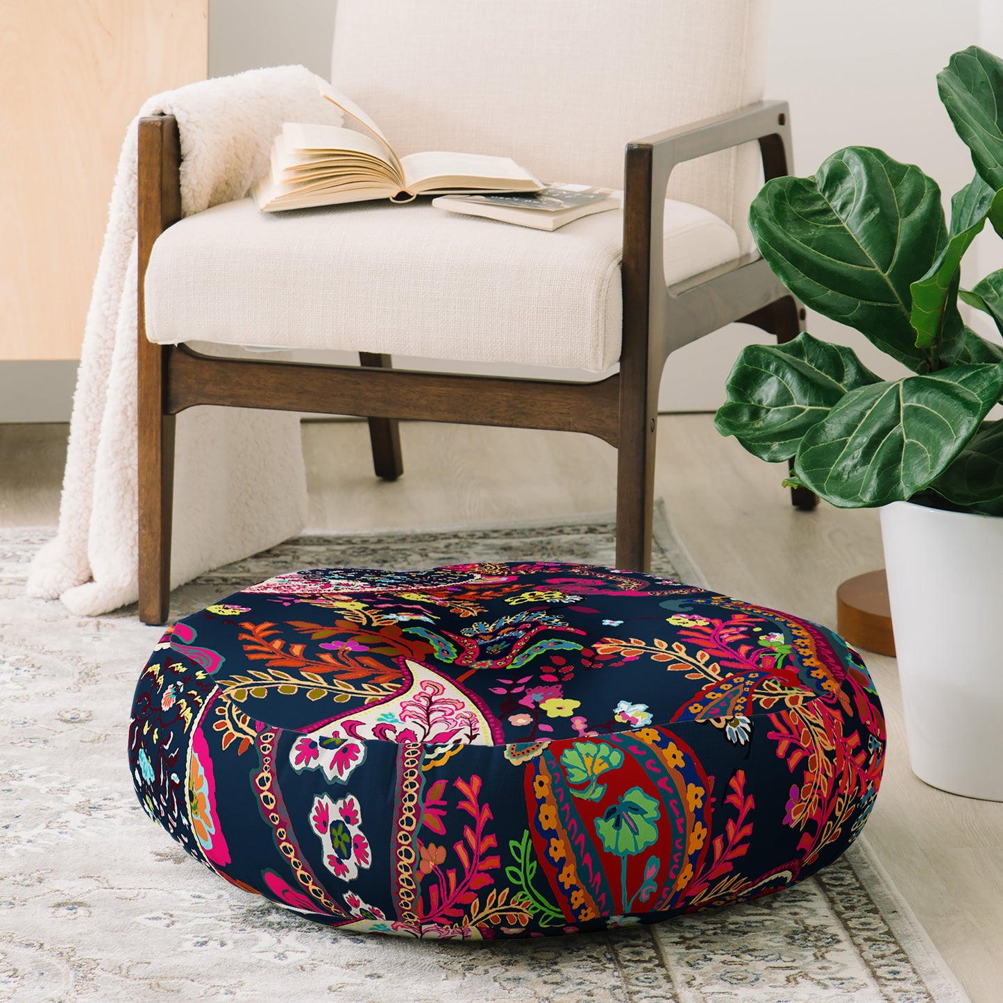 Rachelle Roberts Boho Paisley Navy Floor Pillow Round