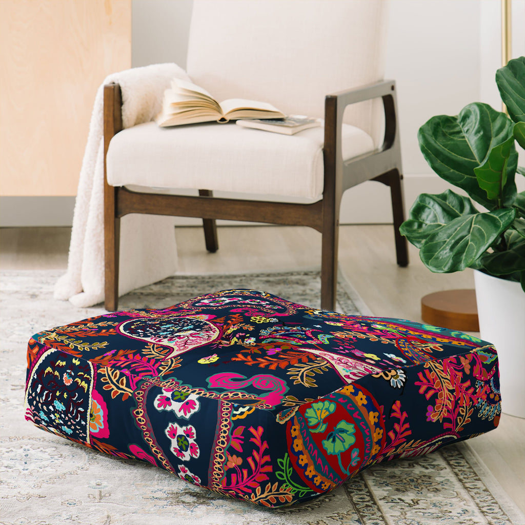 Rachelle Roberts Boho Paisley Navy Floor Pillow Square