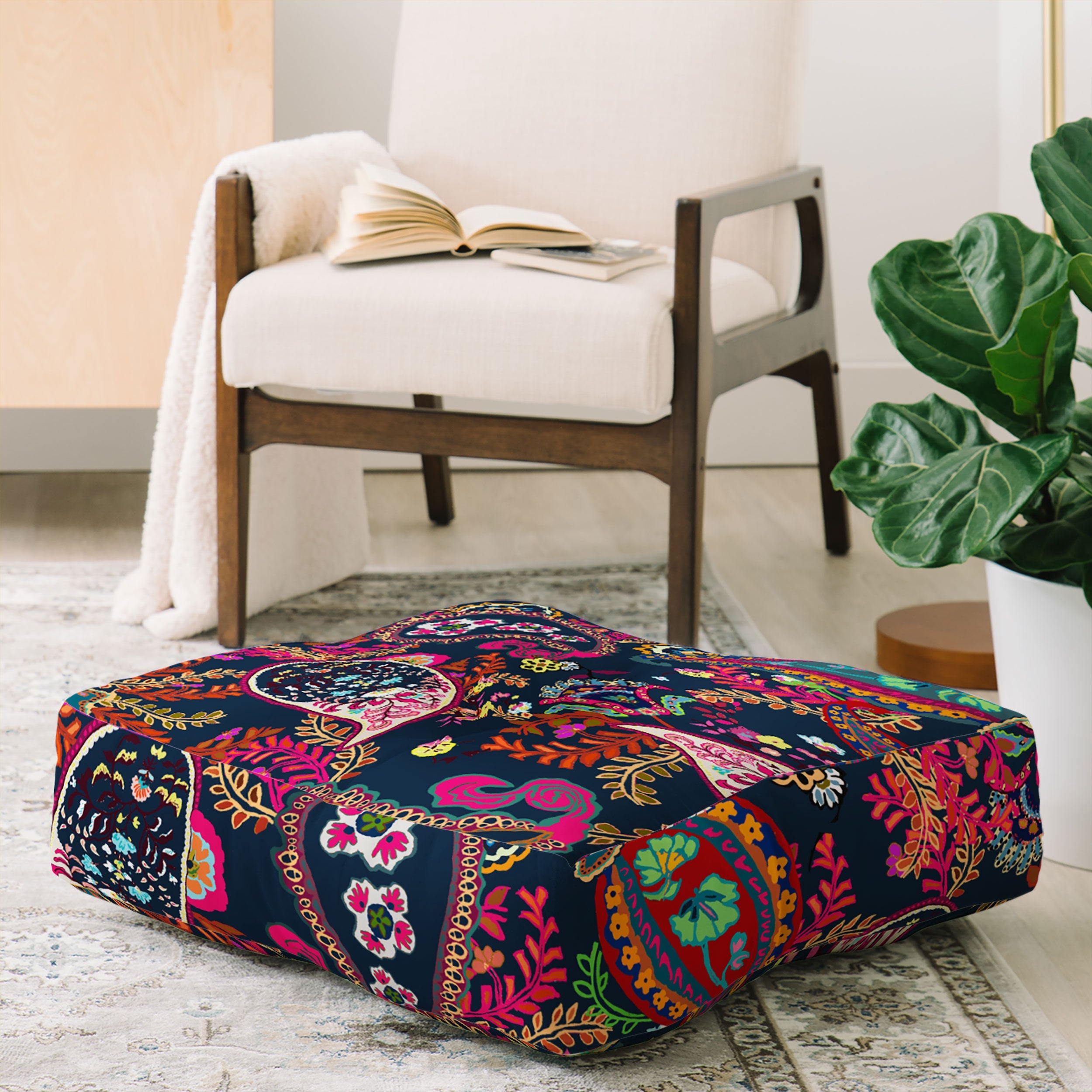 Rachelle Roberts Boho Paisley Navy Floor Pillow Square