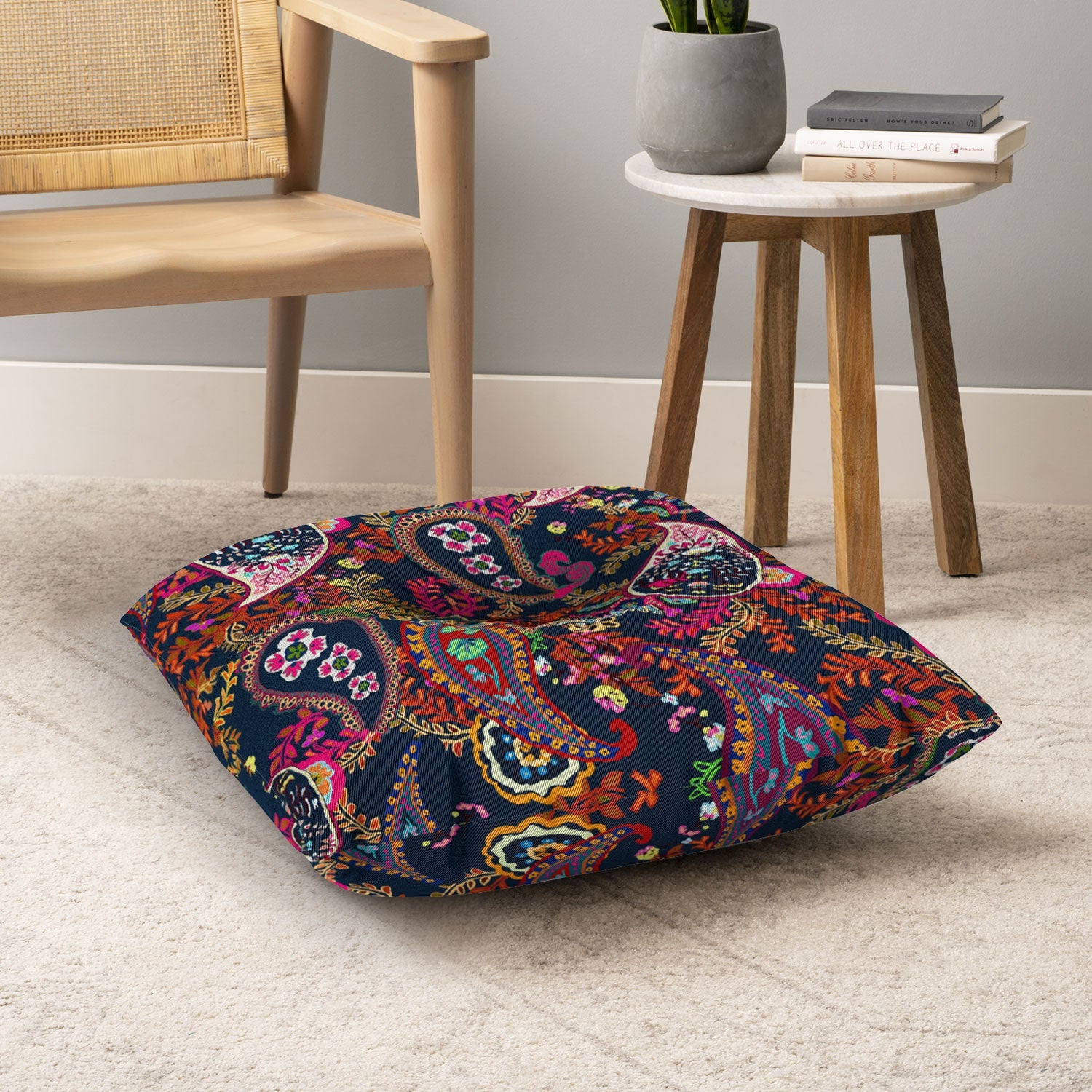 Rachelle Roberts Boho Paisley Navy Floor Pillow Square